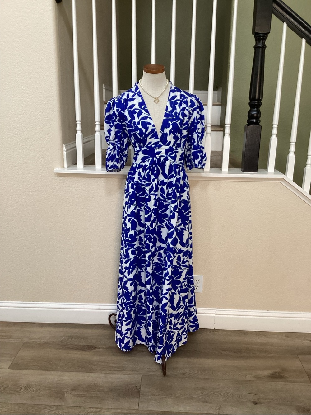 Elegant Blue and White Floral Wrap Maxi Dress